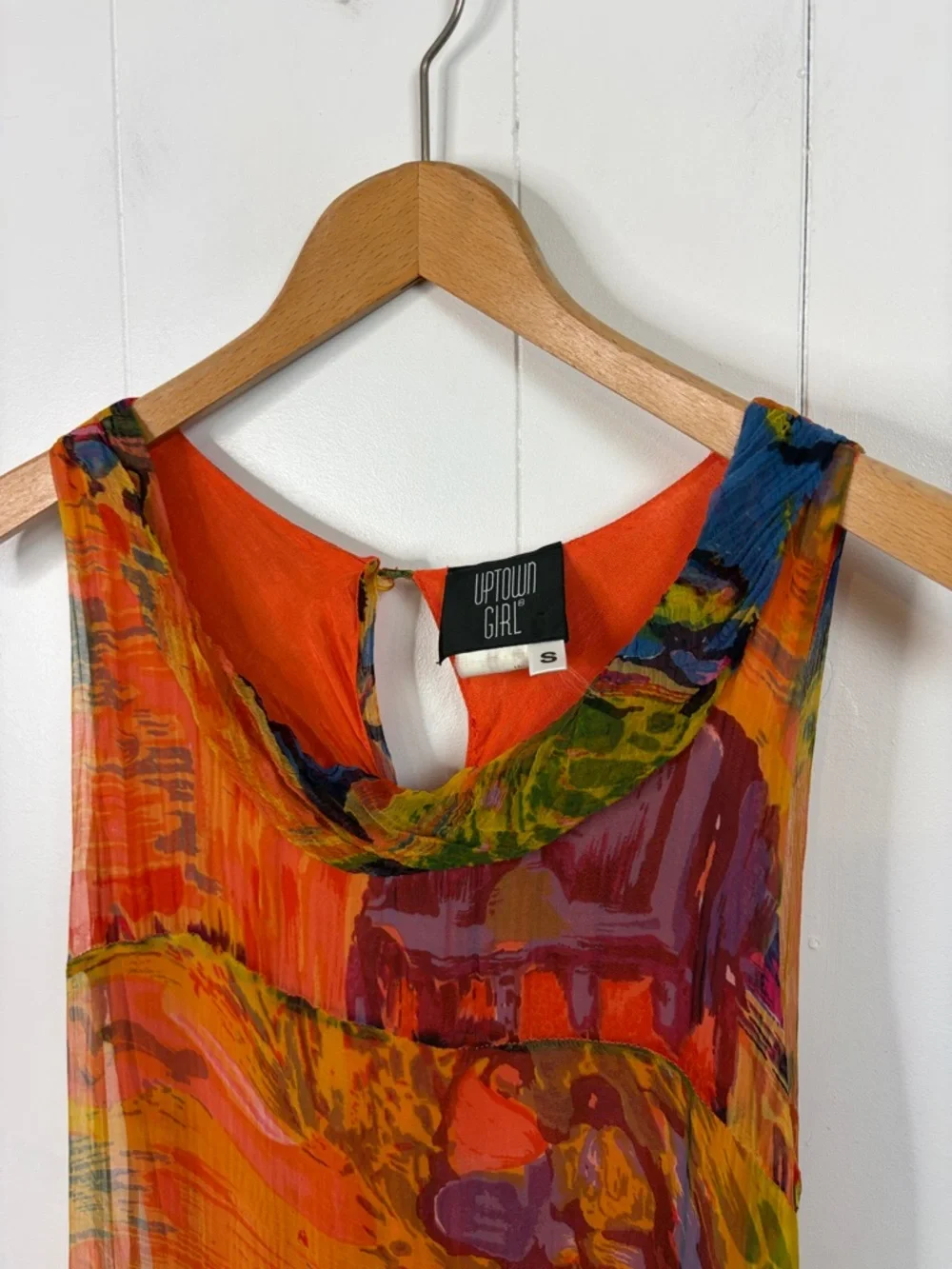 Vintage 90s Grunge Abstract Orange Art Wear Print Mesh Maxi Dress Size Small - Picture 6 of 12